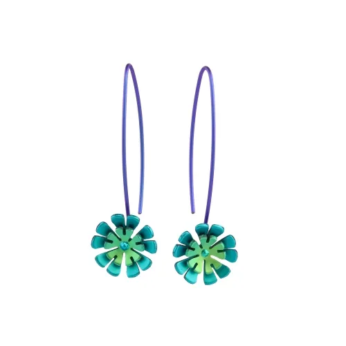 Double Ten Green Petal Flower Drop Earrings